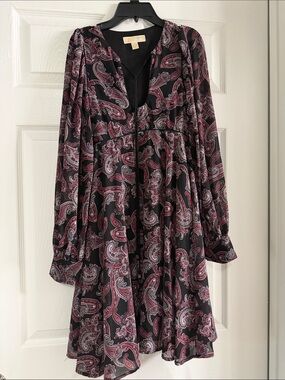MICHAEL Michael Kors Black Dress with Burgundy Paisley Print - Long Sleeve